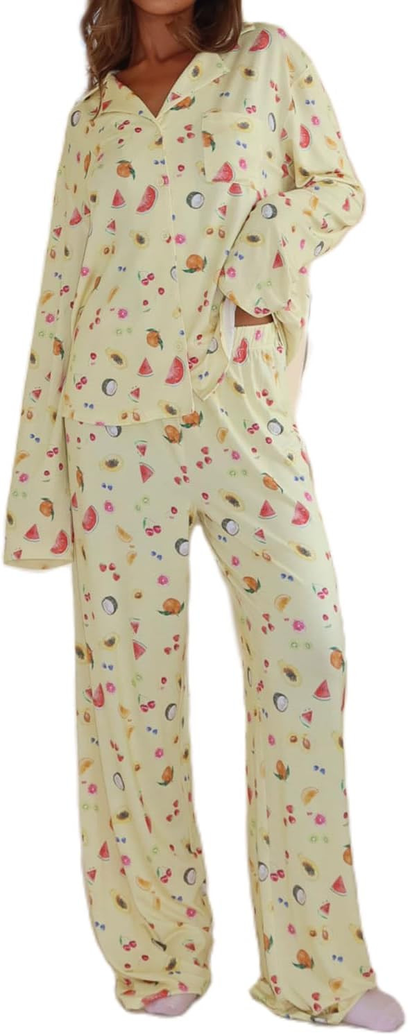 Mxiqqpltky Fruit Pajamas for Women Set Y2k Long Sleeve Button Down Shirt + Pants 2 Piece Lounge P... | Amazon (US)