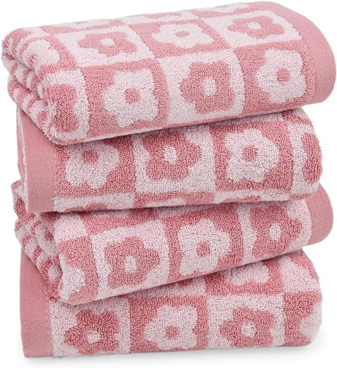Jacquotha Cotton Hand Towels Pink Checkered Floral - Quick Drying Hand Towel Set of 4, Gift for W... | Amazon (US)
