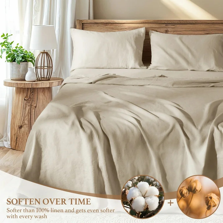 AiAngu Natural Linen Cotton Bed Sheets Set, Deep Pocket - Breathable - Durable - 4 Pieces (Linen,... | Walmart (US)