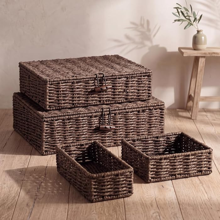 Set of 4 Woven Wicker Storage Baskets with Lids, Decorative Storage Boxes Lidded Rattan Organizer... | Amazon (US)