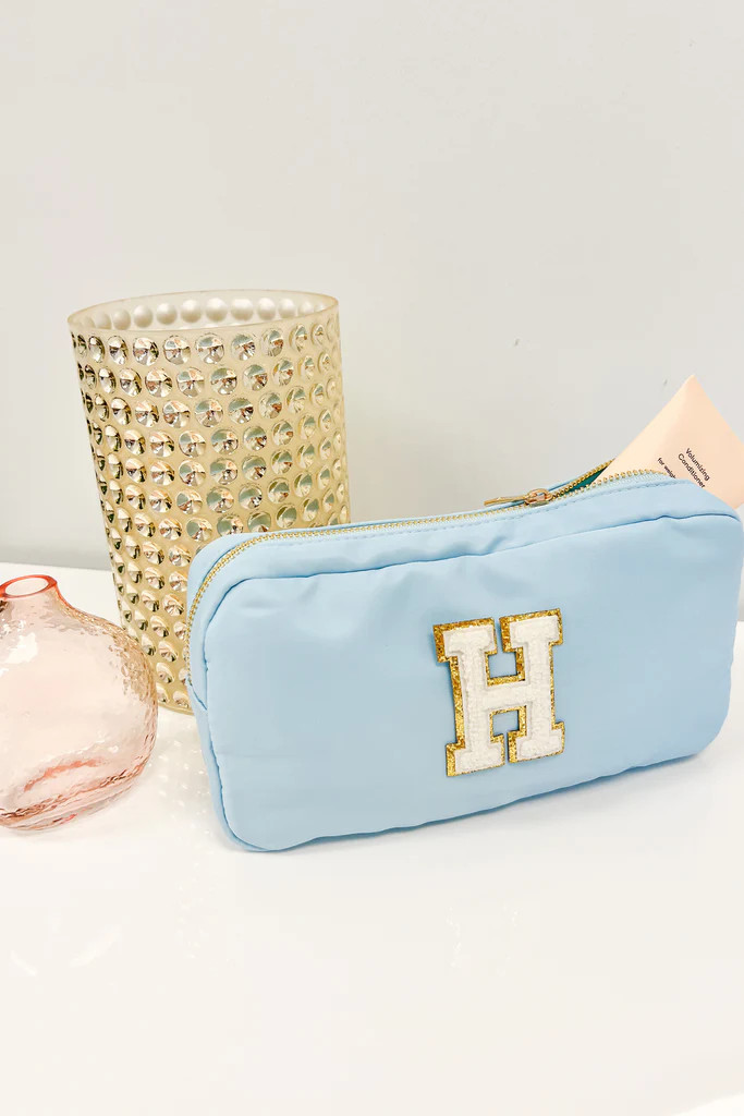 Pre-Order: Let's Get Going Light Blue Varsity Cosmetic Bag, Medium | The Mint Julep Boutique