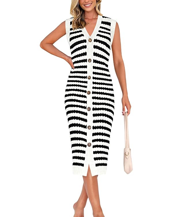BTFBM Casual Women Spring Dresses 2025 Sleeveless Striped Midi Button Down Dress Ribbed Knit Card... | Amazon (US)