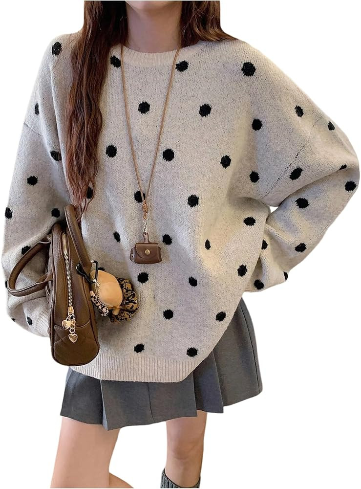 Women's Vintage Polka Point Graphic Sweater Long Sleeve Crew Neck Oversized Pullover Knit Trendy ... | Amazon (US)