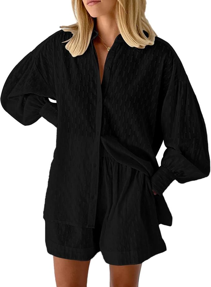 Amazon.com: Women's 2 Piece Outfits Long Puff Sleeve Blouse Shirt High Waisted Side Pocket Shorts... | Amazon (US)