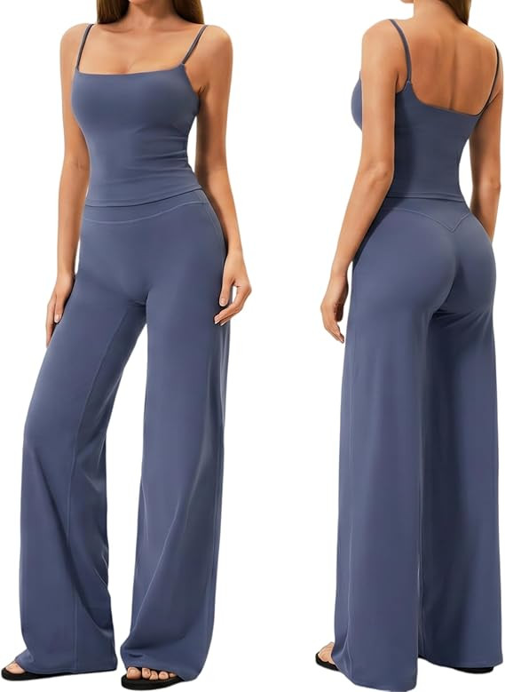 Womens Two Piece Workout Sets Spaghetti Straps Crop Top Matching Straight Leg Pants Gym Yoga Pila... | Amazon (US)