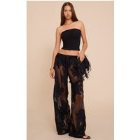 Black Textured Flower Detail Wide Leg Pants | PrettyLittleThing US