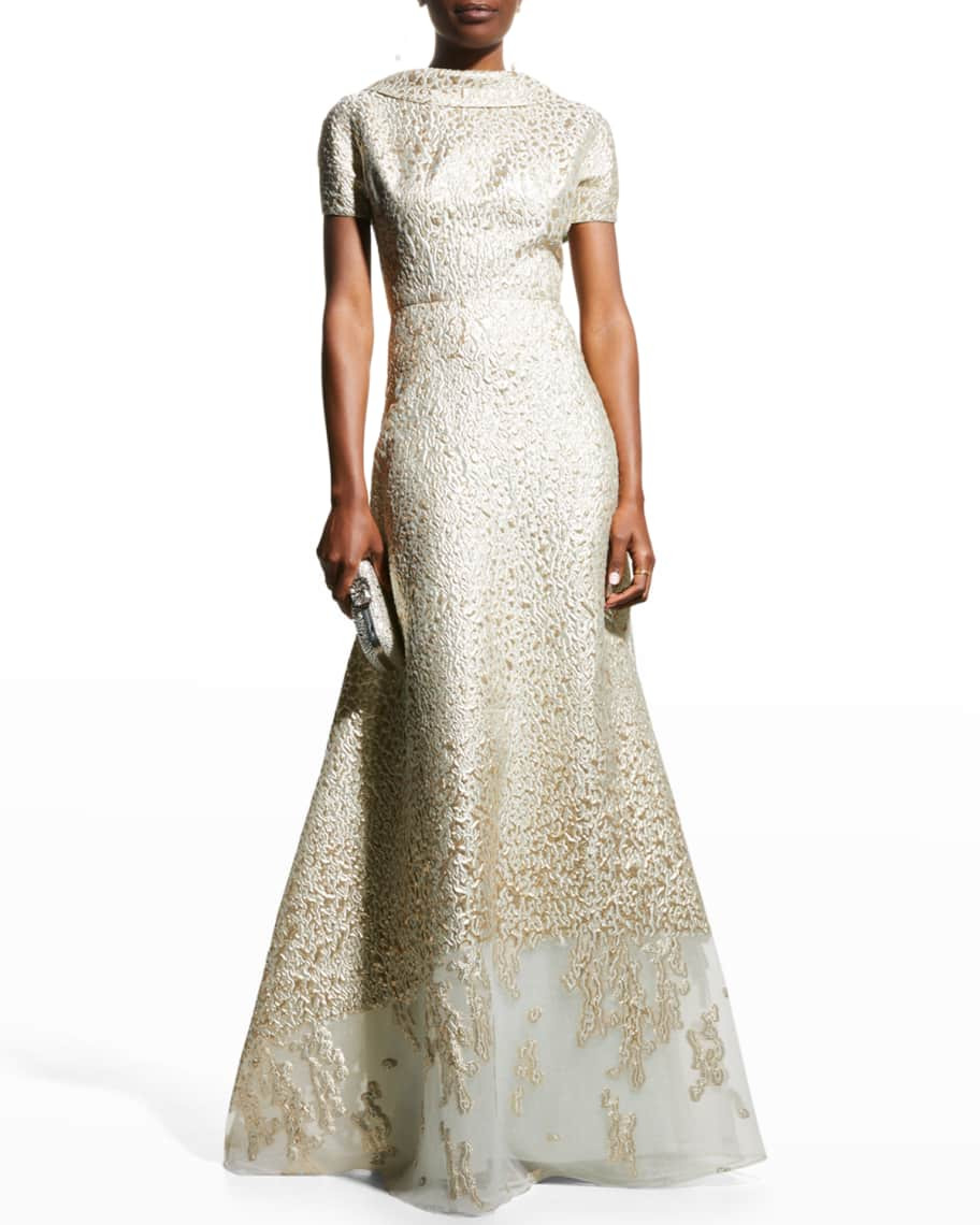 Rickie Freeman for Teri Jon Metallic Jacquard Short-Sleeve Gown | Neiman Marcus