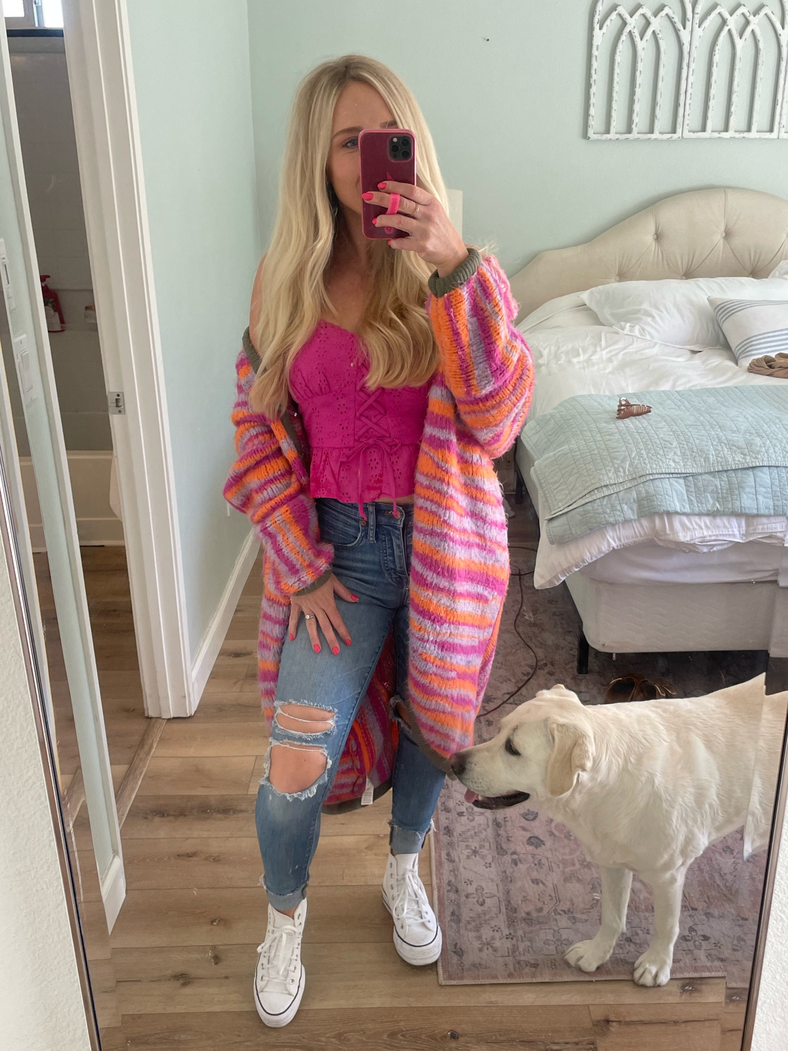 Top and sweater- Small
Jeans size down one size- 26
Shoes size down .5 size to 6.5
