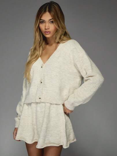 MISSGUIDED Knit Buttoned Cardigan And Mini Skirt Two Piece Sweater Co Ord Set Winter Wear | SHEIN