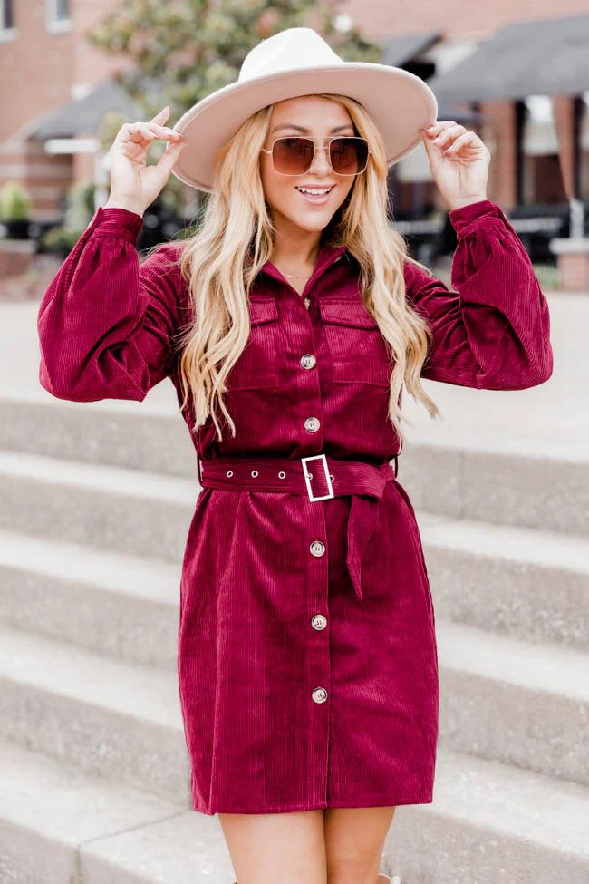 No Expectations Wine Corded Long Sleeve Belted Mini Dress | Pink Lily