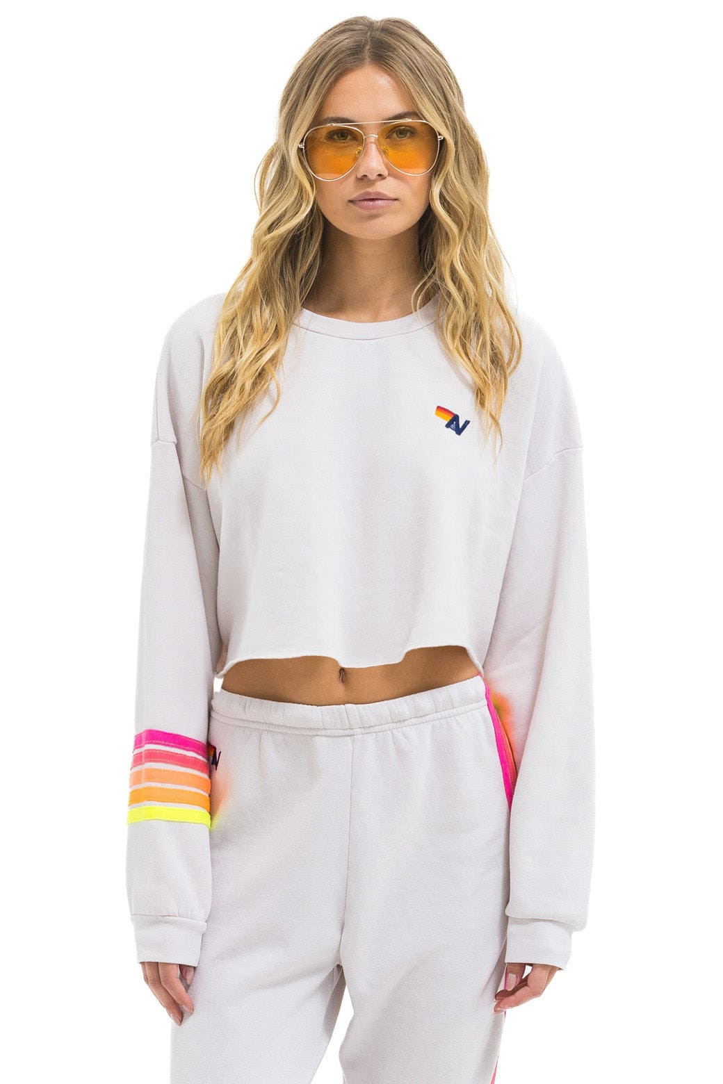 RUGBY STITCH CROPPED CREW SWEATSHIRT RELAXED - DOVE GREY // NEON | Aviator Nation