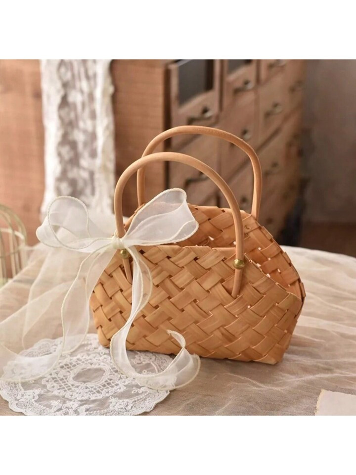 1pc Handmade Wooden Chip Woven Basket With Bowknot Ribbon, Mini Basket For Decoration Or Picnic, ... | SHEIN