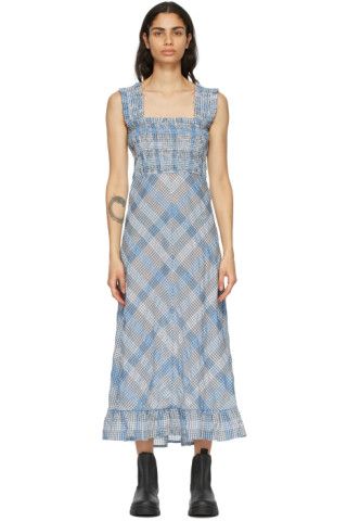 Blue Seersucker Check Long Dress | SSENSE