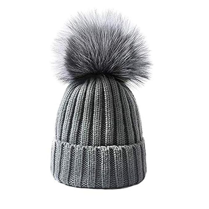 GuoMan Womens Girls Knitted Fur Hat Real Large Silver Fox Fur Pom Pom Beanie Hats | Amazon (US)