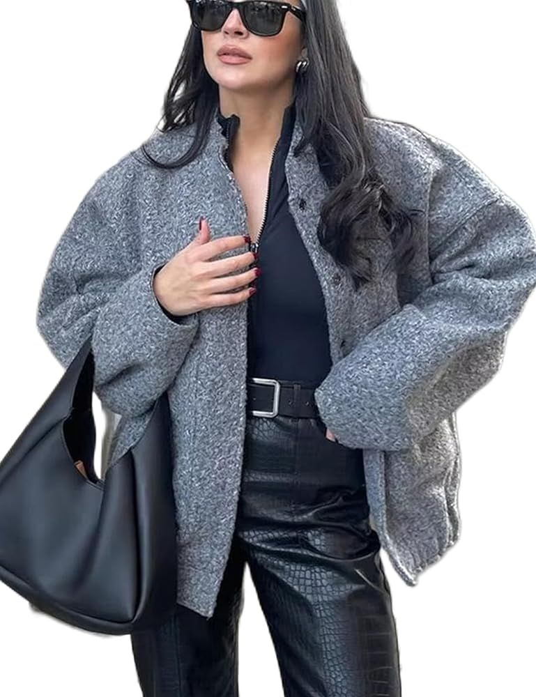 Megfie Womens Oversized Wool Blend Jackets Button Down Shacket Stand Collar Outerwear Bomber Jack... | Amazon (US)