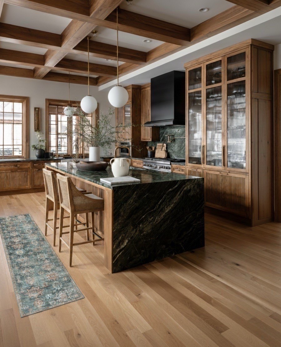 A warm, richly layered kitchen that blends earthy luxury with timeless craftsmanship. The space centers around a striking deep green marble island with dramatic charcoal and moss veining, creating an anchor that feels both bold and natural. Surrounding it, the medium walnut cabinetry adds warmth with its golden brown undertones and subtle grain movement, complemented by reeded wood details that bring texture and artisan character.

Above the island, white globe pendants with brushed brass stems cast a soft glow, adding a modern touch that balances the natural materials. The black metal range hood introduces a clean matte contrast, tying together the darker tones in the stone.

The bar stools feature light tan woven seats paired with warm wood frames, keeping the palette cohesive and organic. Along the floors, a teal and muted terracotta runner brings in a gentle splash of color with a vintage inspired pattern that softens the space.

Decor pieces like the cream ceramic pitcher, charcoal toned bowl, white pillar candle, and green branch arrangement complete the styling with an elevated but effortless feel.

✨ Shop the look:
Green marble waterfall island | Walnut cabinetry with reeded panels | White globe brass pendants | Black metal range hood | Tan woven bar stools | Teal patterned vintage runner | Cream ceramic pitcher | Charcoal decorative bowl | White candle | Green branch arrangement 


#LTKSaleAlert #LTKHome