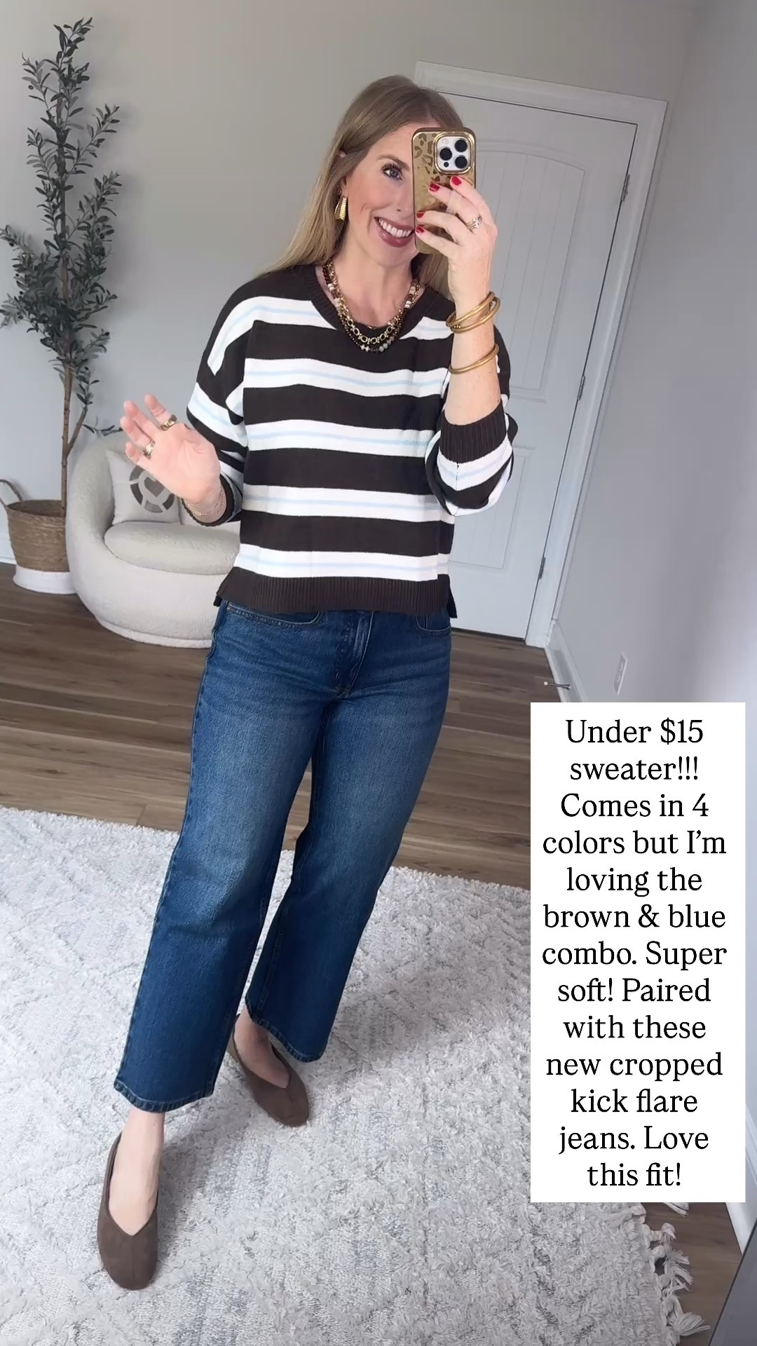 $15 brown and blue striped sweater with kick flare jeans from Walmart

#LTKootd