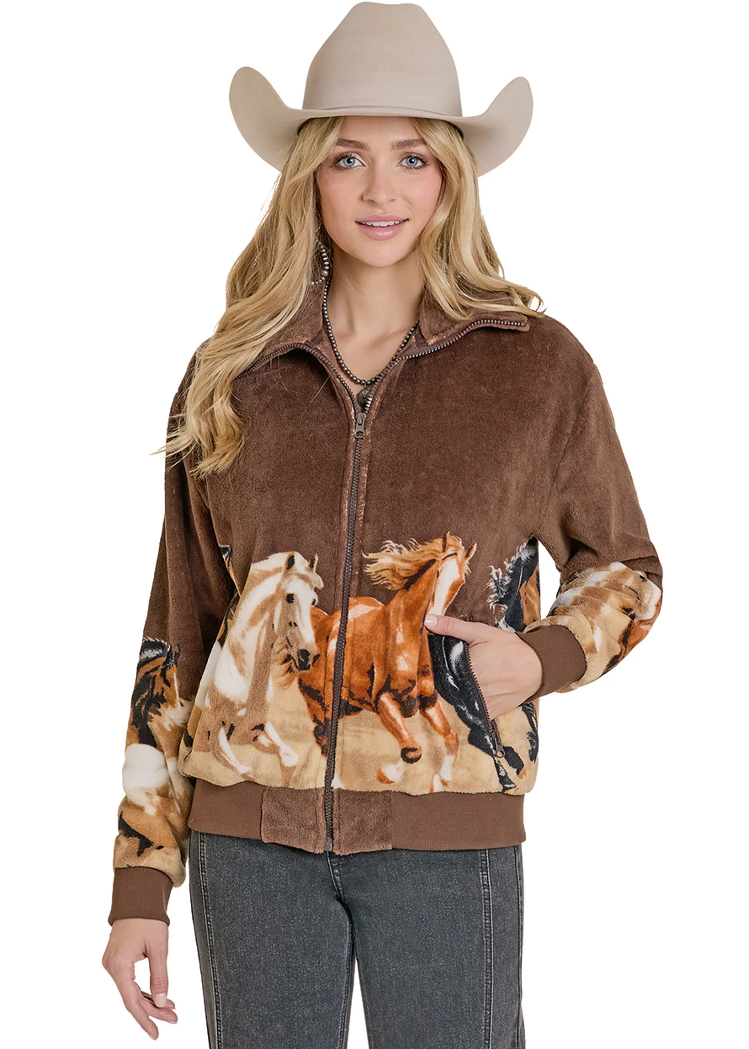 Women's West Desperado Horse Print Border Plush Bomber Jacket | Rock & Roll Denim