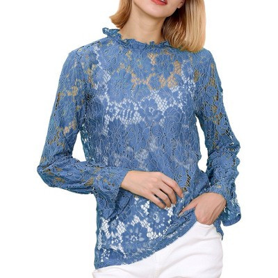 Anna-Kaci Women's Layering Lace Puffed Long Sleeve Sheer Blouse Top- Medium, Blue | Target