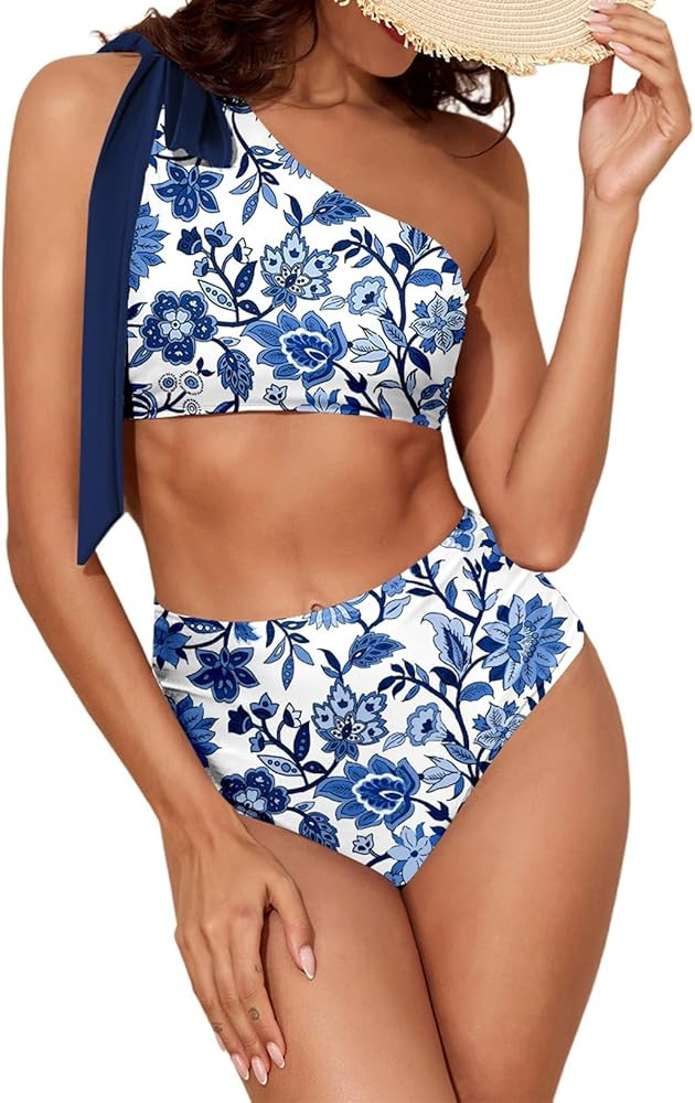 Herseas Women's One Bow Shoulder Bikini Sets 2 Piece Ruched Swimsuit Elegant Bathing Suit | Amazon (US)