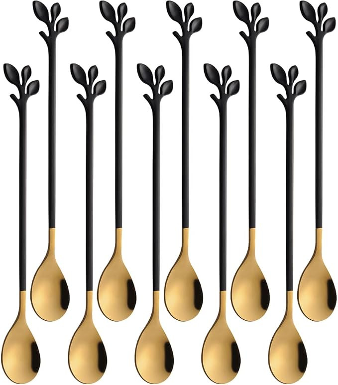 AnSaw Long Spoon 7.4-Inch Leaf Handle Teaspoons set, 10-Pieces Black & Gold Stainless Steel Coffe... | Amazon (US)