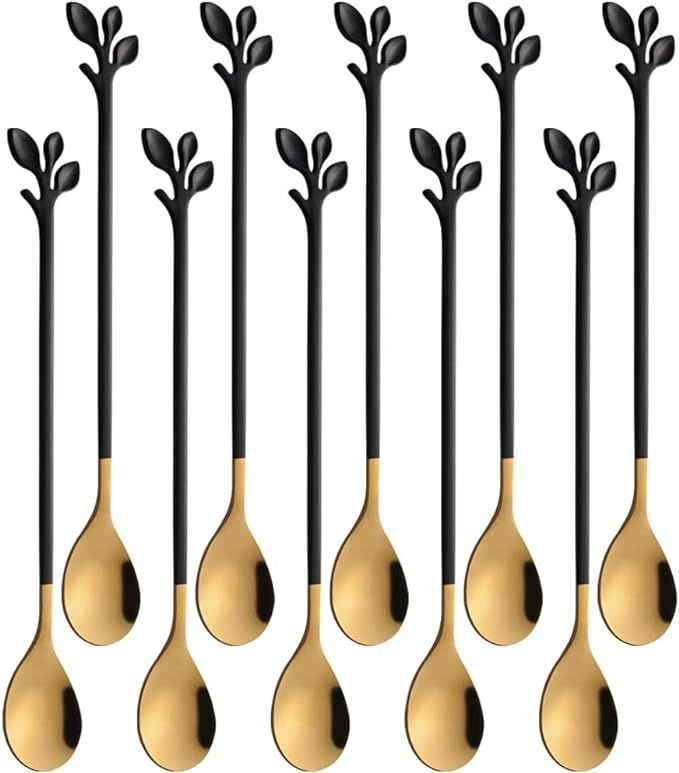 AnSaw Long Spoon 7.4-Inch Leaf Handle Teaspoons set, 10-Pieces Black & Gold Stainless Steel Coffe... | Amazon (US)