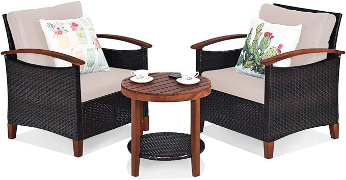 Tangkula 3 Pieces Patio Furniture Set, Outdoor Rattan Sofa and Side Table w/Solid Acacia Wood Fam... | Amazon (US)