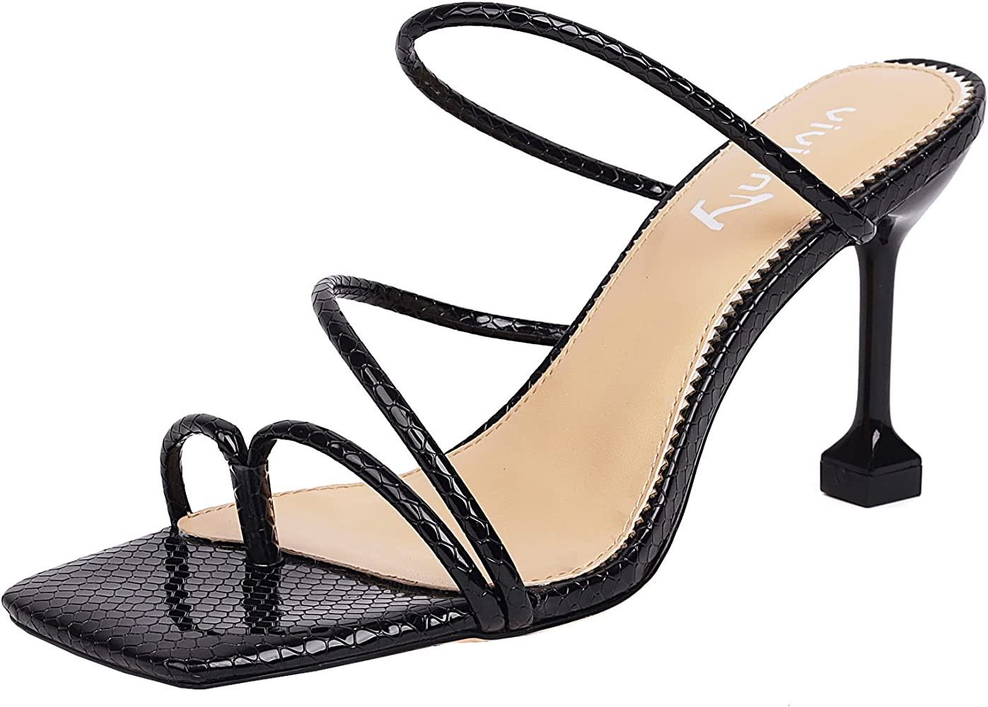 vivianly Women's Thong Heels Sandals Square Open Toe Strappy Heeled Sandal Slip on High Heel Summ... | Amazon (US)
