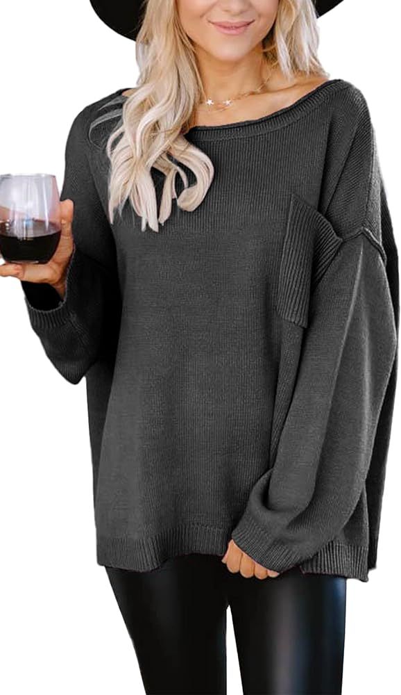 PRETTYGARDEN Women's Off Shoulder Sweater Loose Pullover Long Sleeve Oversize Sweaters with Pocket | Amazon (US)