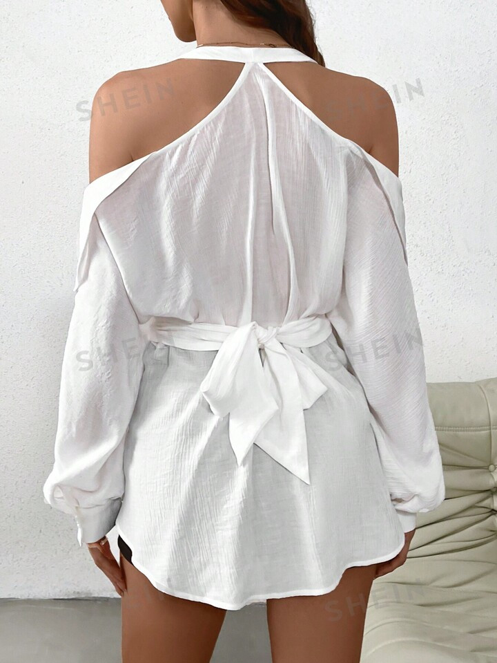 SHEIN Privé Women's Romantic White Hollow Out Shoulder Long Sleeve Button Up Shirt With Waist Ti... | SHEIN