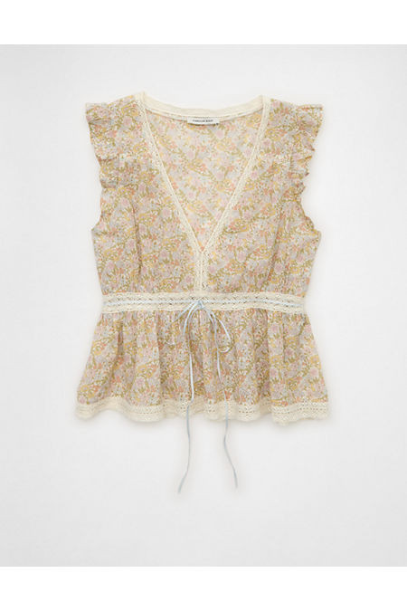 AE Lace Trim Flutter Sleeve Blouse Women's Multi XXS | American Eagle Outfitters (US & CA)