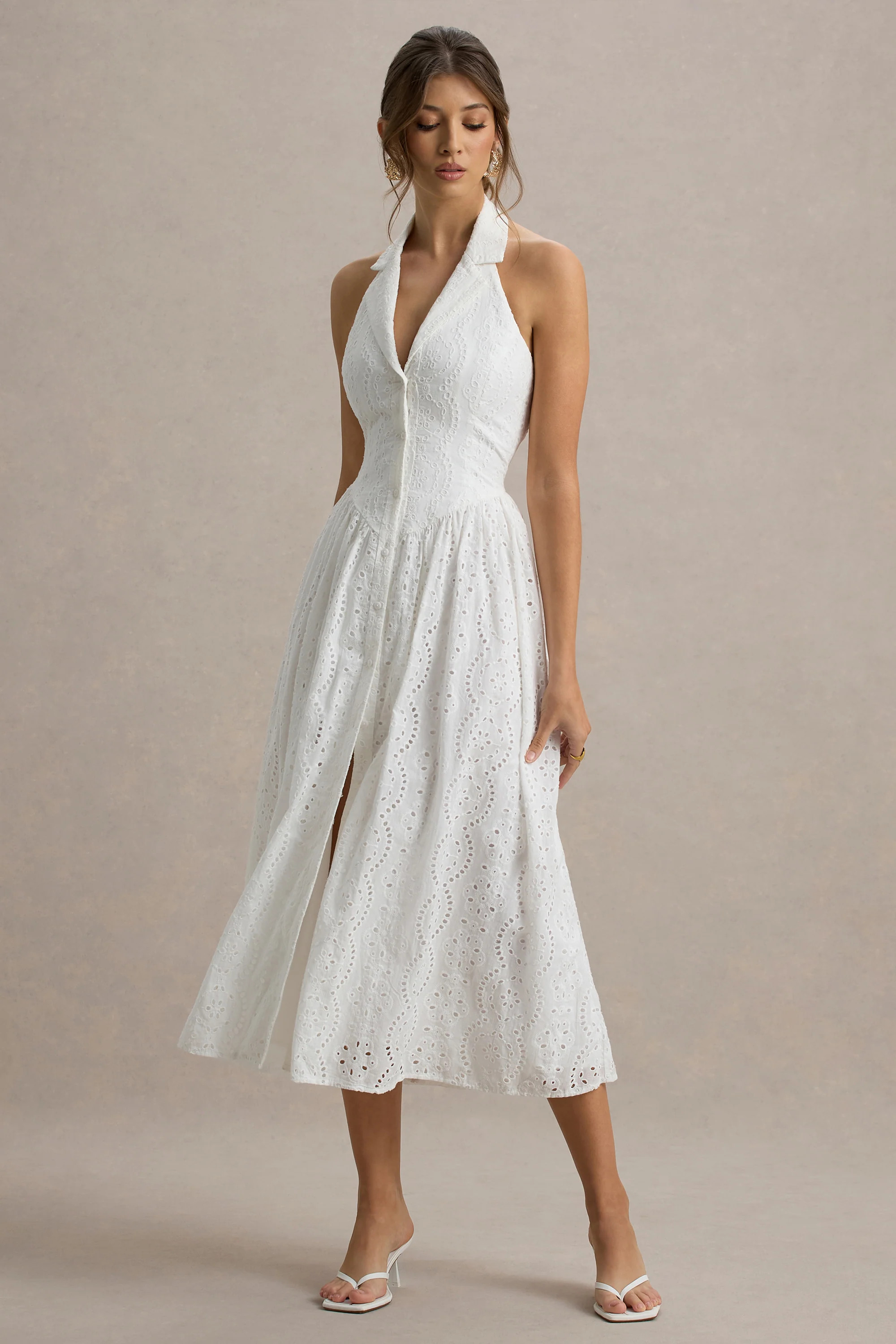 Jezebel | White Lace Plunge-Neck Collared Midi Dress | Club L London