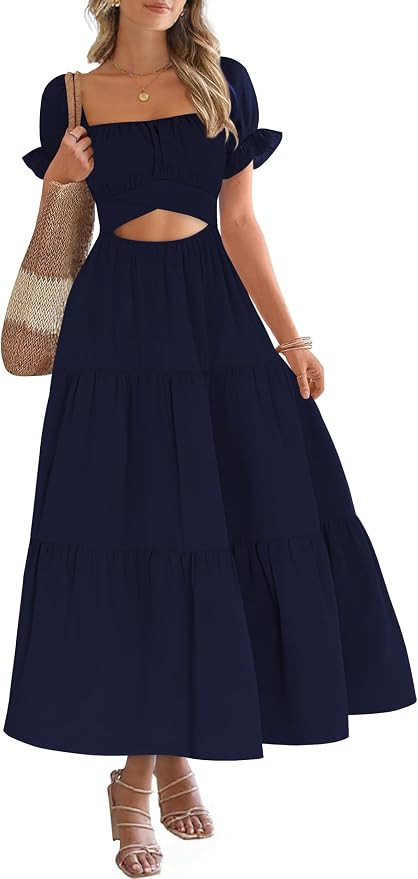 Mokayee Womens Summer Short Sleeve Ruffle Tiered Square Neck A Line Cutout Flowy Vacation Beach M... | Amazon (US)