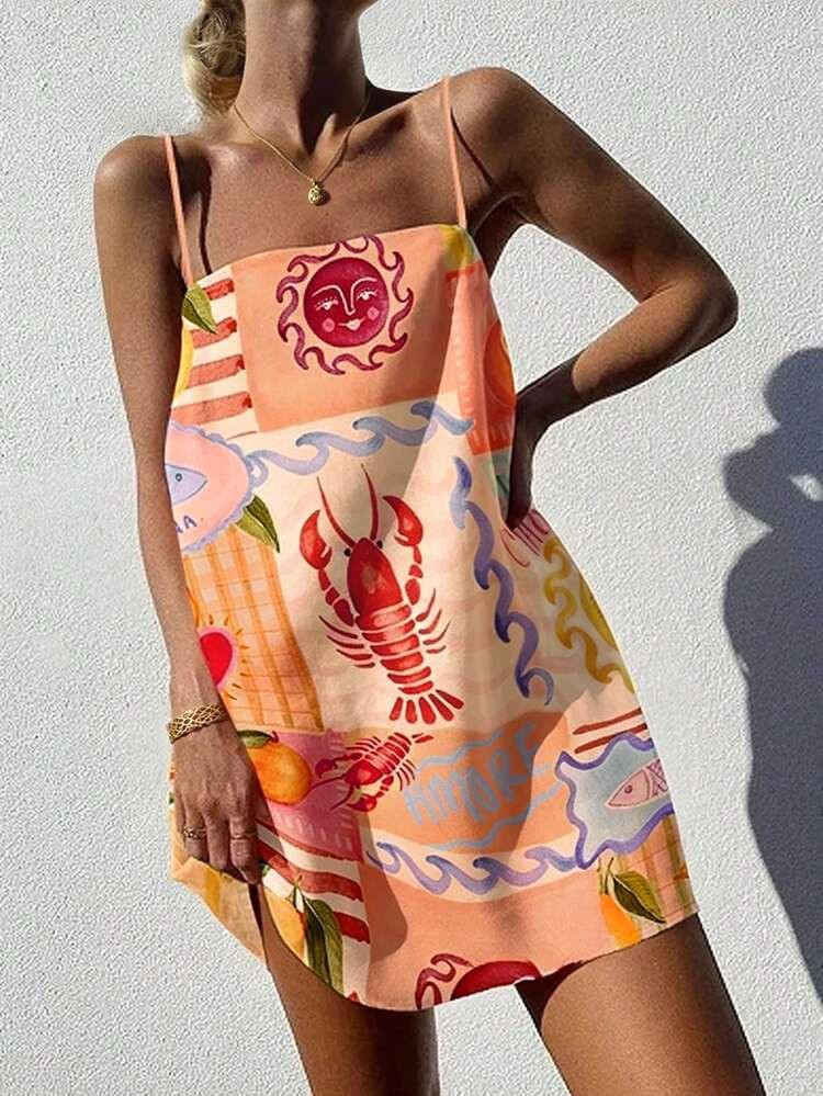 Vaclyn Women's Casual Lobster Print Spaghetti Strap Mini Dress, Vacation | SHEIN