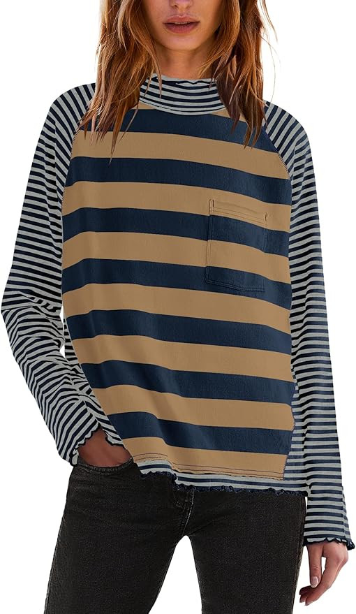 Panadila Womens Long Sleeve Striped Shirts Turtleneck Raglan Shirt Cute Color Block Tunic Tops Lo... | Amazon (US)