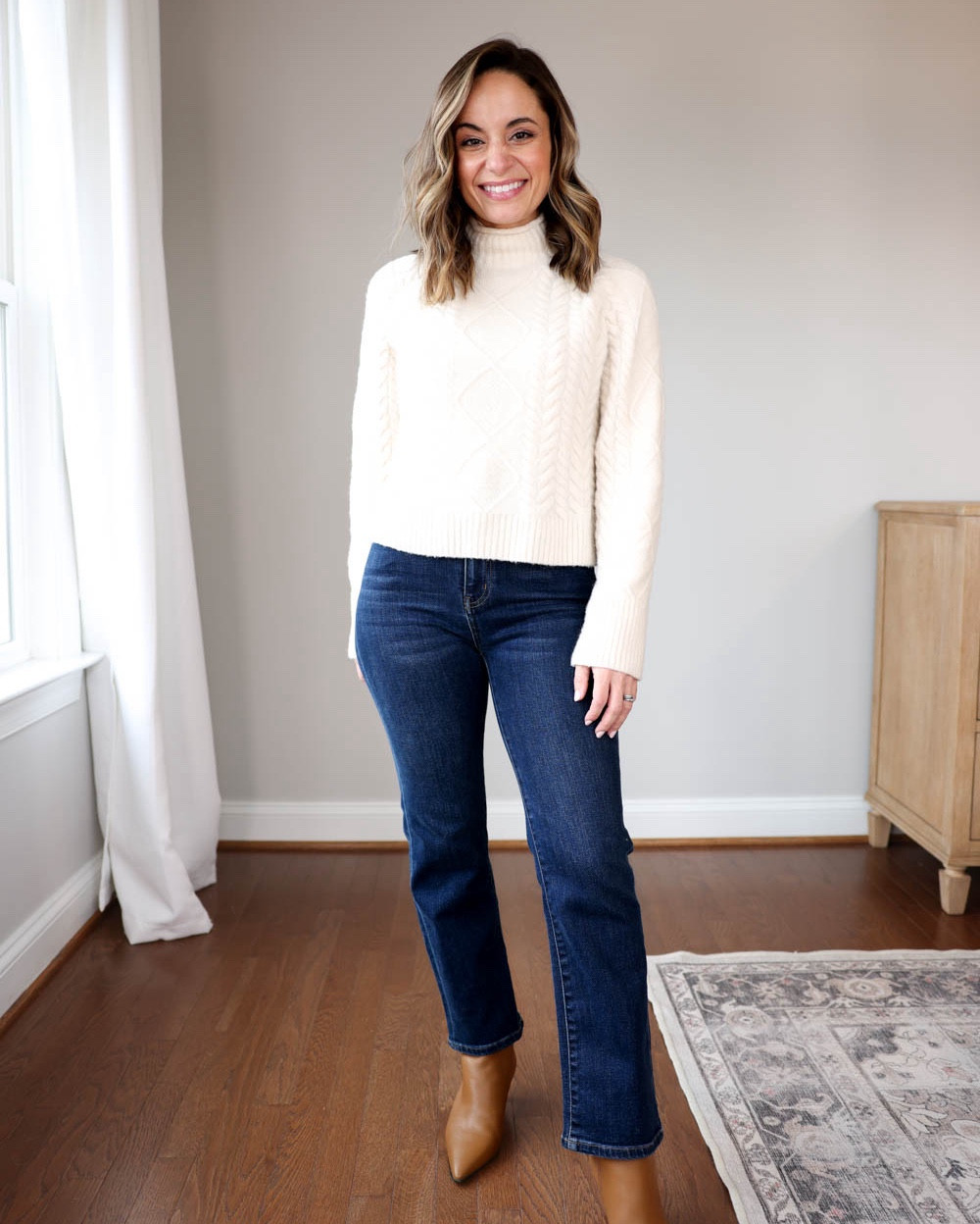 Petite-friendly cream sweaters I’m loving for winter!

Outfit 1:
Quince straight jeans: 24 x 26 - high 10” rise, 26” inseam, tts 
J.crew cropped sweater: xxs tts 
Amazon boot socks 
J.Crew Stevie Boots: tts 

Outfit 2:
Burgundy pants (Gap): petite 00
White sweater (J.Crew Factory): xxs
Belt: xxs
Boots linked are a similar option

Outfit 3:
White cardigan (quince): xs
Jeans: 23, 26” inseam in low stretch dark wash (indifferent). I sized down, snug at first but they loosen with wear
White t-shirt (old navy): petite xs
Boots: tts

My measurements for reference: 4’10” 105lbs bust, waist, hips 32”, 24”, 35” size 5 shoe. 25” inseam measurement to my ankle bone. 

#LTKSaleAlert #LTKStyleTip #LTKSeasonal