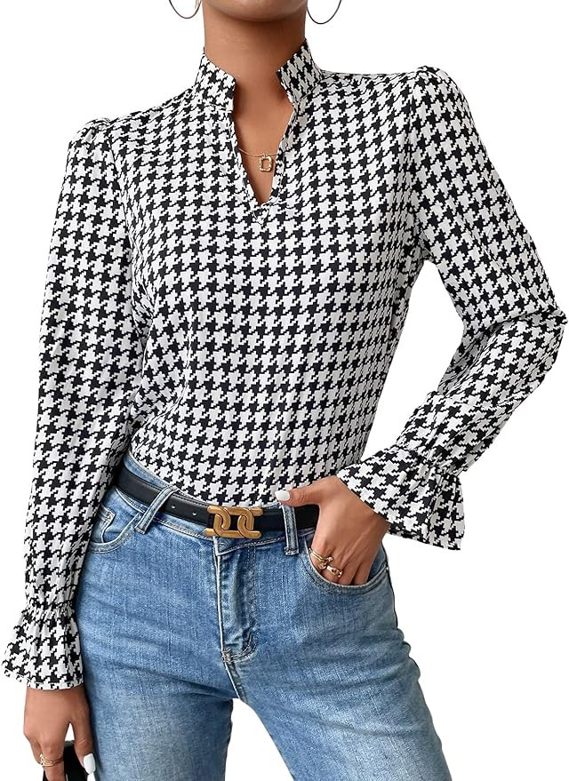 MakeMeChic Women's Houndstooth Top Long Flounce Sleeve V Neck Blouse Shirt | Amazon (US)