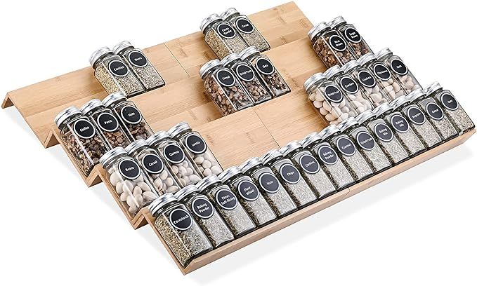 Mulush Bamboo Spice Rack Tray - 64 Jars Spice Drawer Organizer for Kitchen Cabinets Storage and O... | Amazon (US)