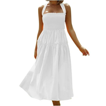 2022 Clearance Beach Dress White Dress Halter Dress For Women Summer Dress Women Sleeveless Halter S | Walmart (US)