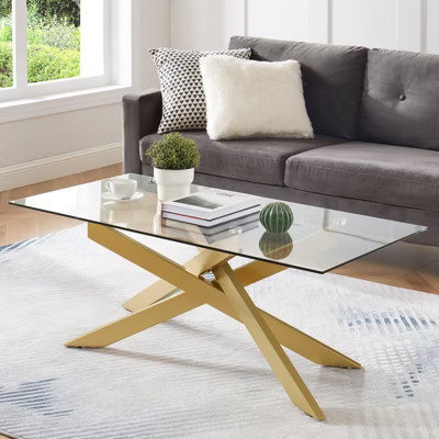 Probe Hues Modern Glass Coffee Table with Tempered Top and Geometric Metal Legs for Living Room Gold | Target