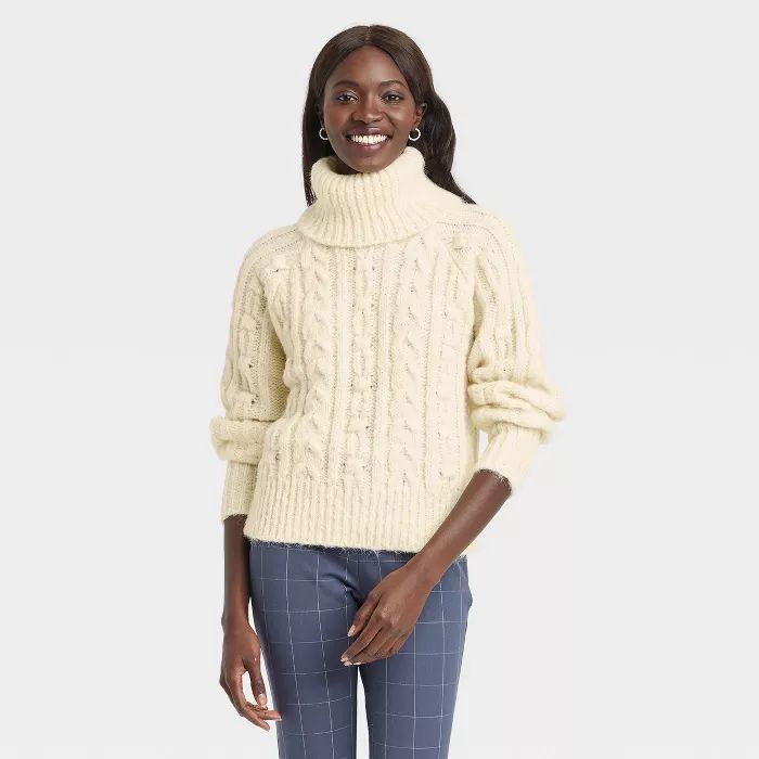 Women&#39;s Turtleneck Cable Knit Pullover Sweater - A New Day&#8482; Yellow M | Target