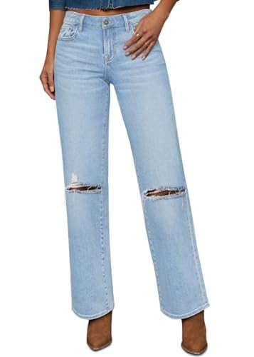 Yewfirm Ripped Jeans Womens Straight Wide Leg Distressed Destroyed Baggy Stretch High Waisted Denim Pants for Women Light Blue Size 2 | Amazon (US)