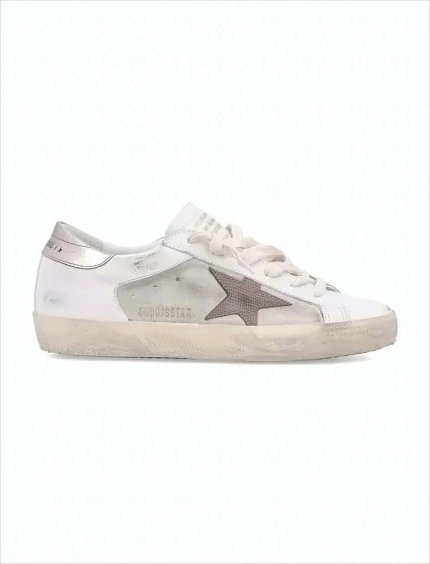 Distressed White Leather Low-Top Sneakers With Grey Suede Star | Shop Simon