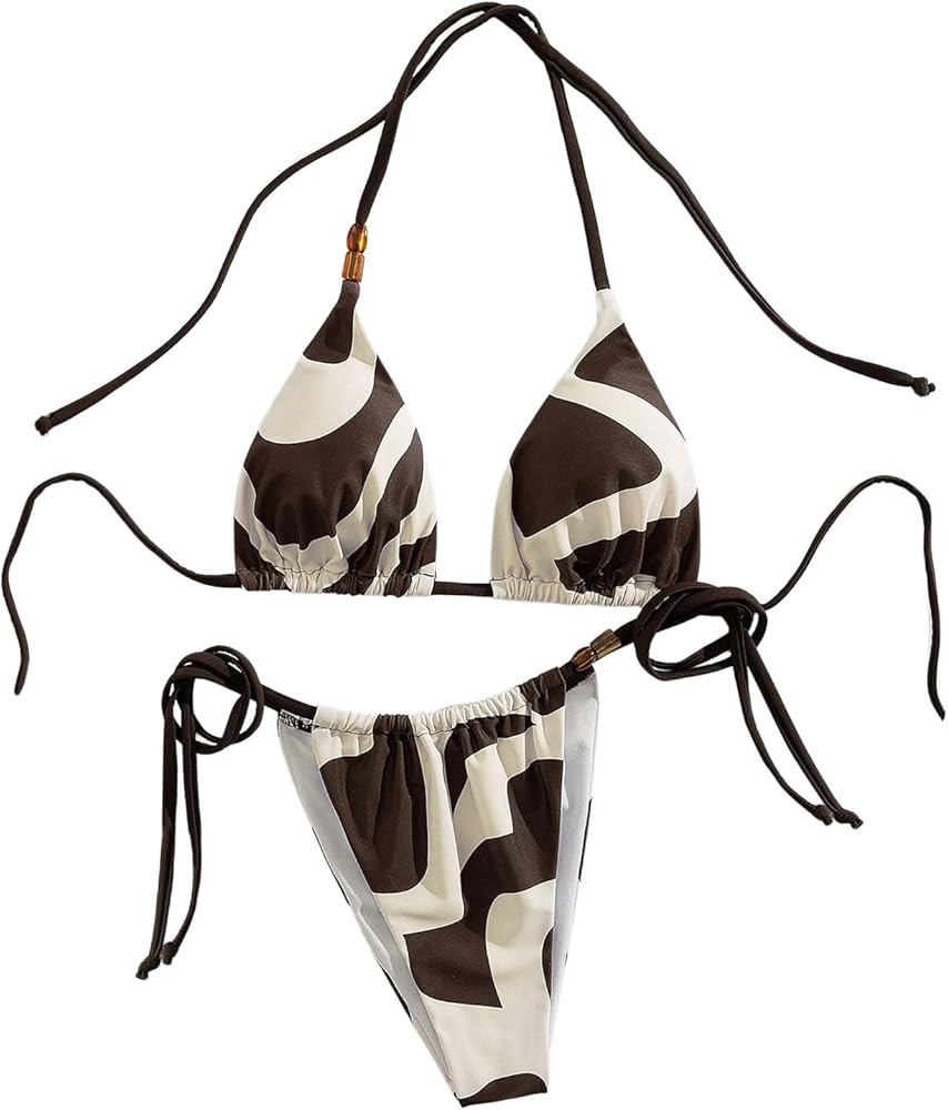 SOLY HUX Women's Two Piece Swimsuit Printed Halter Triangle String Bikini Set Tie Side Bathing Su... | Amazon (US)