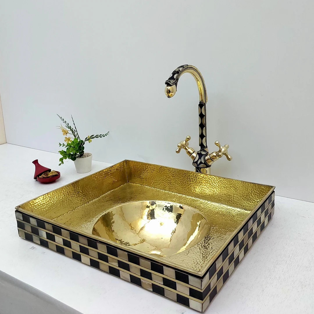 Unlacquered Brass and Resin Bathroom Sink With Faucet, Antique Brass Resin Vanity Vessel Sink, An... | Etsy (US)