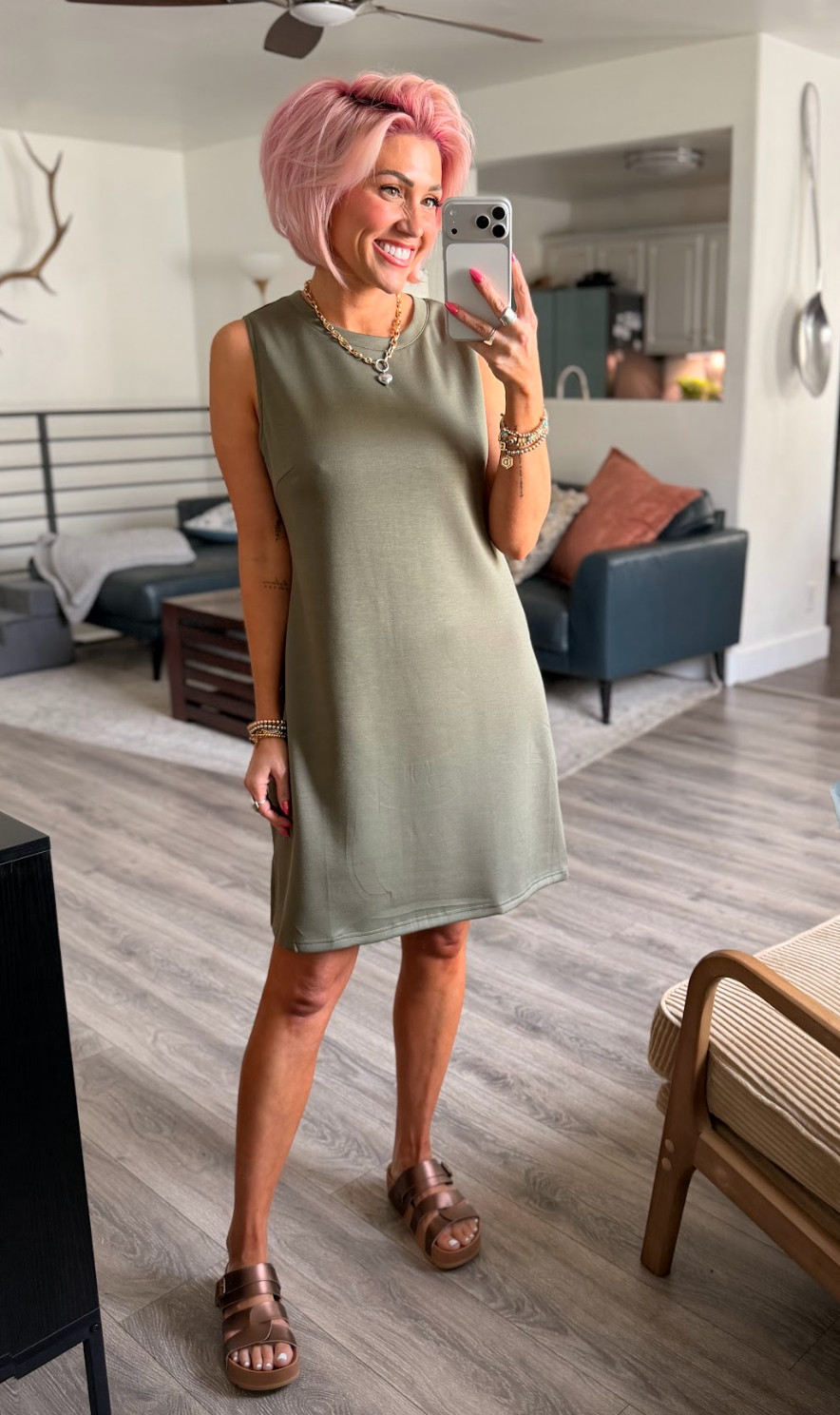 Loving this olive dress! Perfect for a summer day out. Dress: Medium // Sandals: TTS 

 #LTKootd #LTKOver40 #LTKSaleAlert