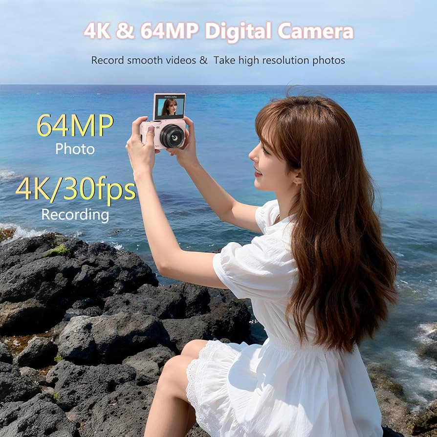 4K Digital Camera with 180\u00b0 Flip Screen, 64MP Compact Vlogging Camera, Pink | Amazon (US)