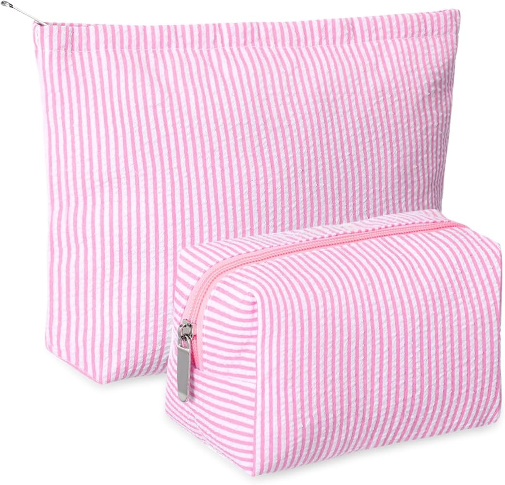 2 Pieces Makeup Bag Set Cute Cosmetic Pouch for Women Seersucker Travel Toiletry Bag Preppy Small... | Amazon (US)