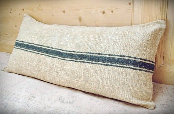 Authentic Grain Sack Body Pillow Sham Dark Green Stripes / Antique linen / Handwoven hemp fabric / H | Etsy (US)