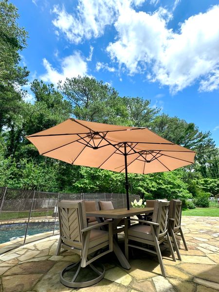 amazon umbrella , 15 ft 
Costco patio set : SunVilla Harrington 7-piece Outdoor Dining Set
Affordable outdoor home finds / summer backyard pool furniture 